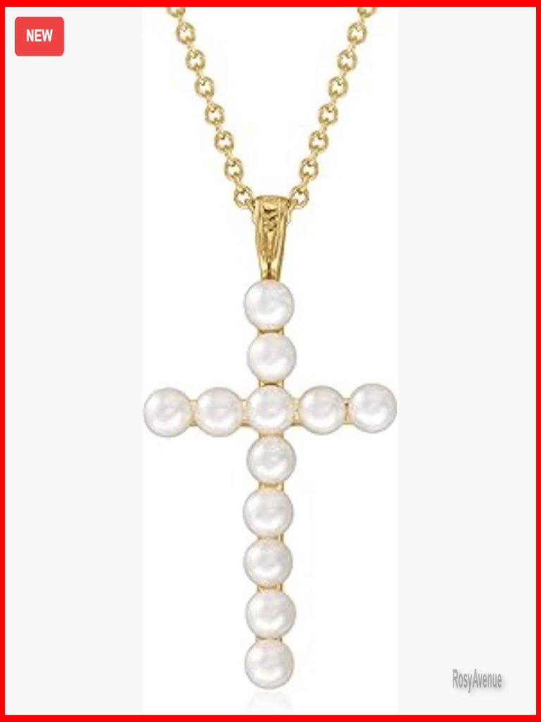 18 Inch Pearl Cross Pendant Necklace With 18kt Gold Over Sterling